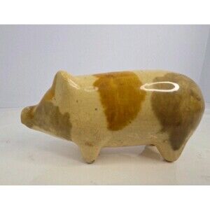 Antique Yellow Stoneware Spongeware Pig Bank Roseville OH Pottery  Circa 1899